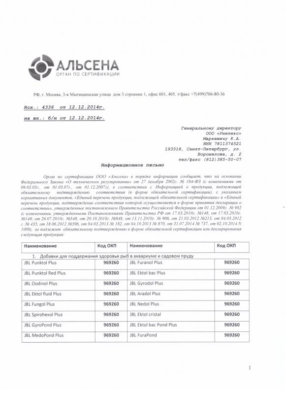 Отказное письмо JBL корма 1